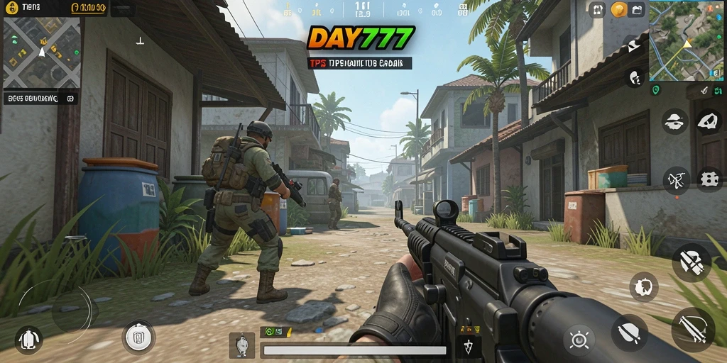 Tampilan gameplay menegangkan dari DAY777 dalam pertempuran TPS.