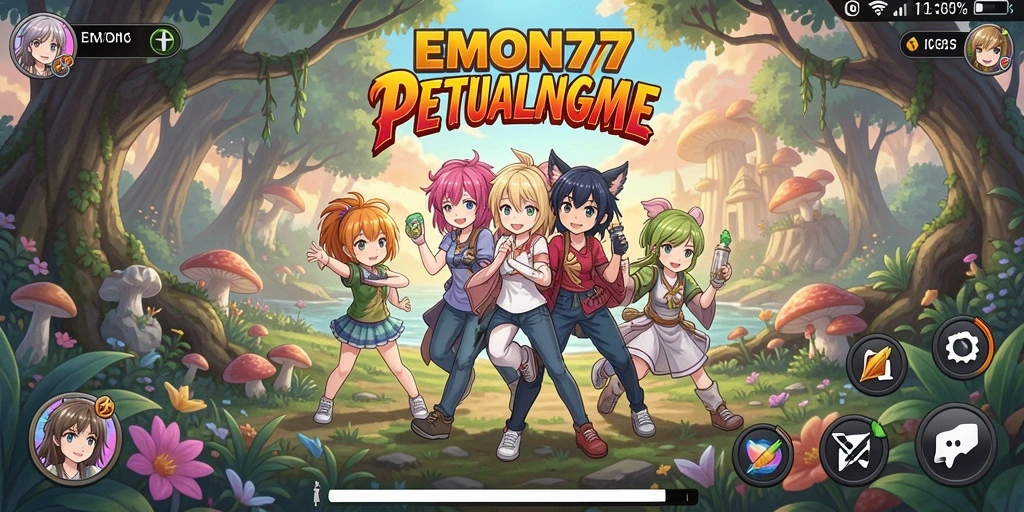 Screenshot EMON77 menampilkan karakter anime bertarung di arena yang menakjubkan.