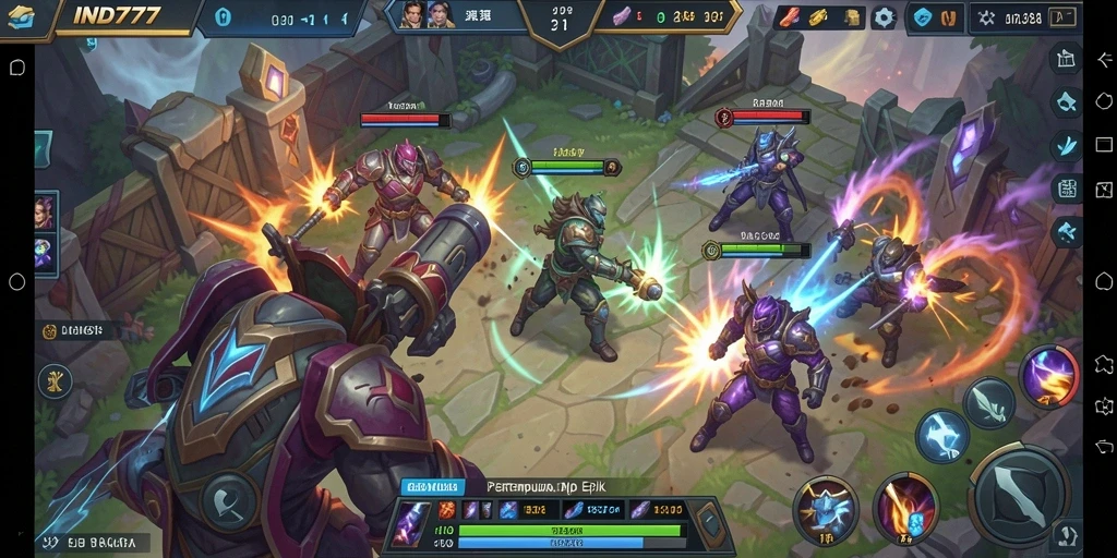 Tangkapan layar gameplay IND777 dengan karakter-karakter beraksi dalam pertempuran.