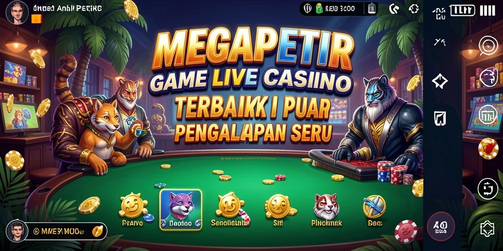 Tangkapan layar gameplay <strong>MEGAPETIR</strong> menampilkan dealer langsung dan suasana kasino yang dinamis.