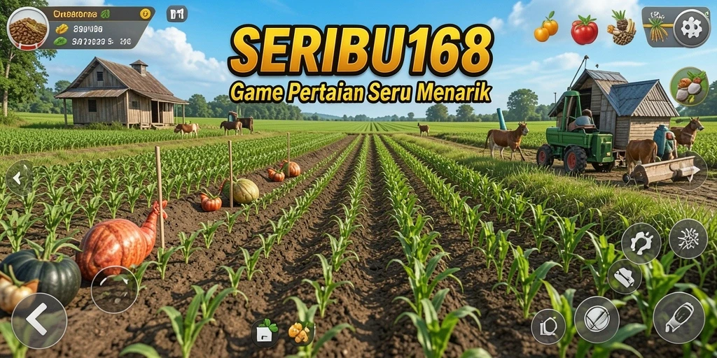 Tampilan gameplay SERIBU168 yang menampilkan kebun yang subur dan tanaman yang tumbuh.