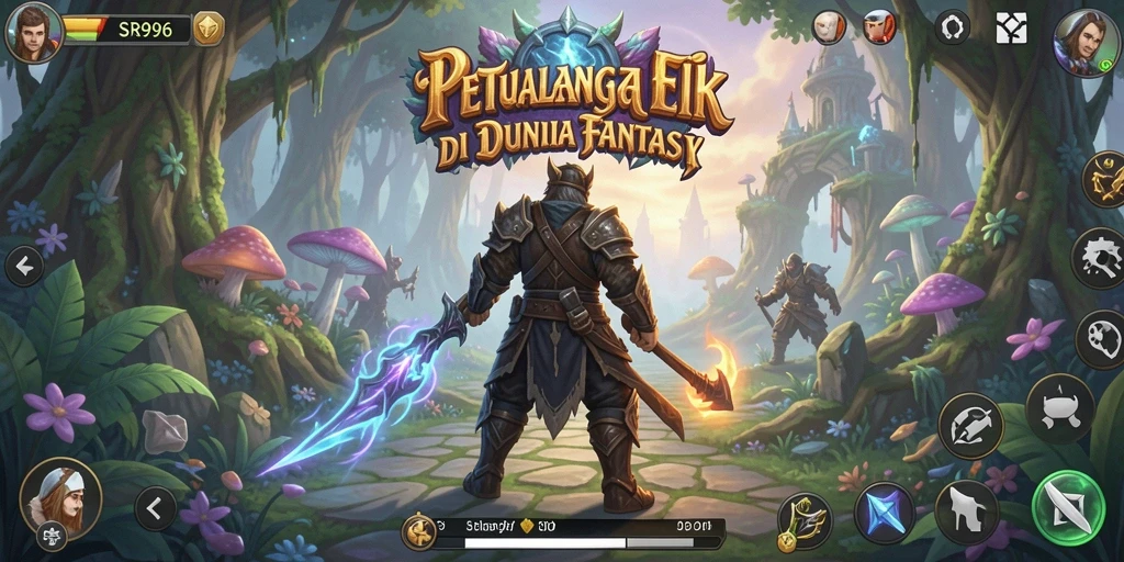 Tangkapan layar dari gameplay SR996 yang menampilkan pertempuran epik dan eksplorasi dunia fantasi.